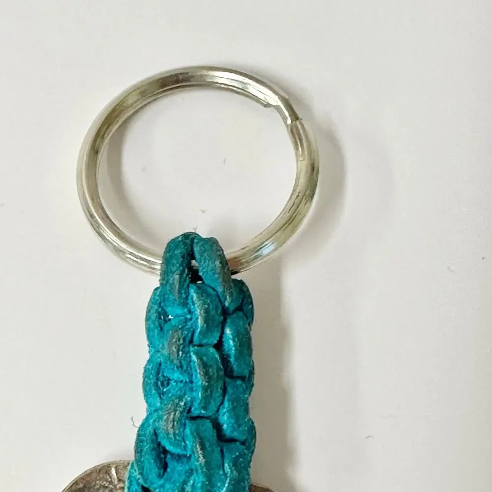 Vintage 90s handmade suede leather‎ and bead macrame Keychain heart concho boho